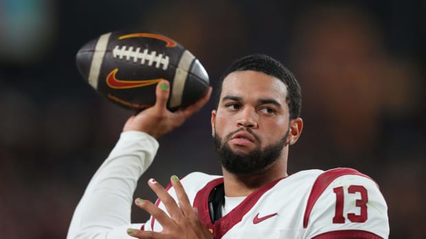 Sep 23, 2023; Tempe, Arizona, USA; USC Trojans quarterback Caleb Williams (13) warms up before a series against the Arizona State Sun Devils during the second half at Mountain America Stadium, Home of the ASU Sun Devils. Mandatory Credit: Joe Camporeale-USA TODAY Sports